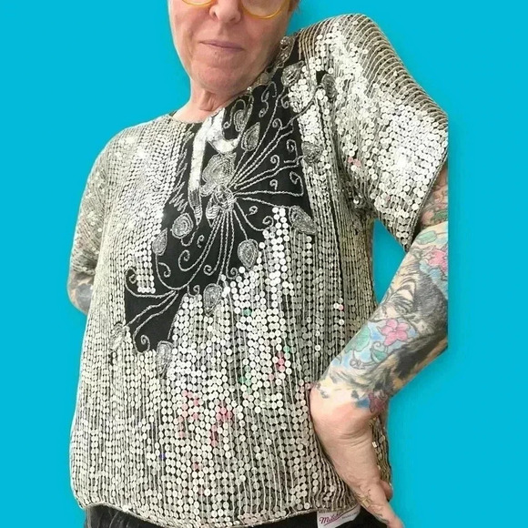 Vintage 70’s disco Studio 54 Jean for Joseph Le Bon Silk Sequins statement Top-L - Picture 6 of 14